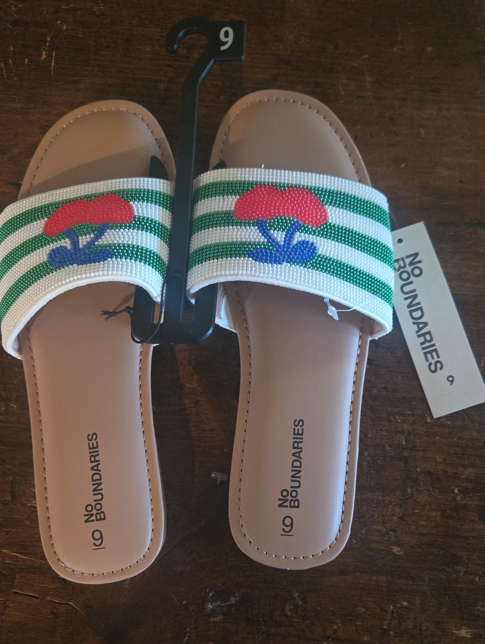 No Boundaries Green/White Striped Slide Sandals with Red Cherriew. Various Sizes